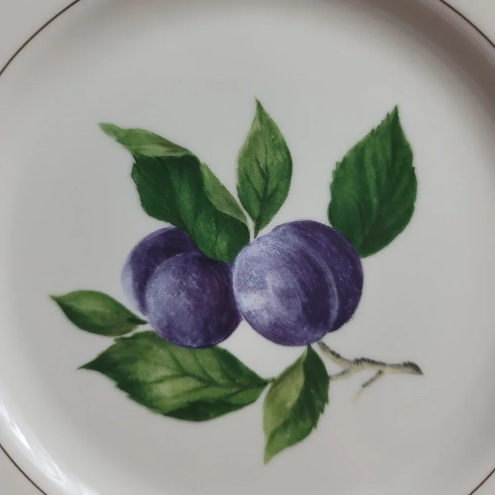 TWO Mikasa Plum Court L3132 Salad Plates White with Purple Plums & Green Leaves